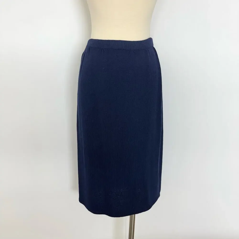 St. John Vintage Pencil Skirt Santana Knit Wool Blend Dark Navy Blue Size: 10